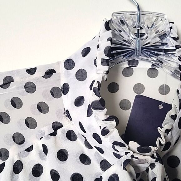 NWT XS S Ruffle Dot Black Victorian Long Sleeve Blouse Bow High Neck Tie Blouse - Picture 8 of 12